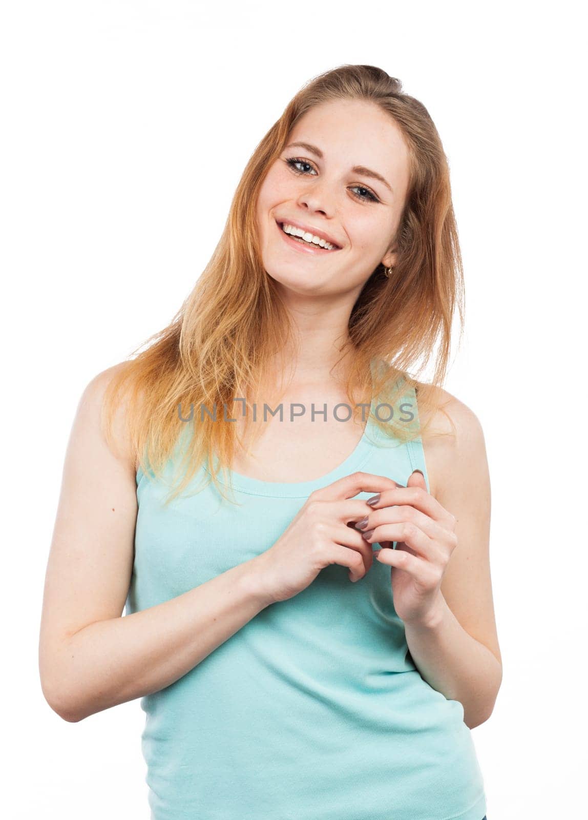 Portrait of a happy girl smiling, isolated on white