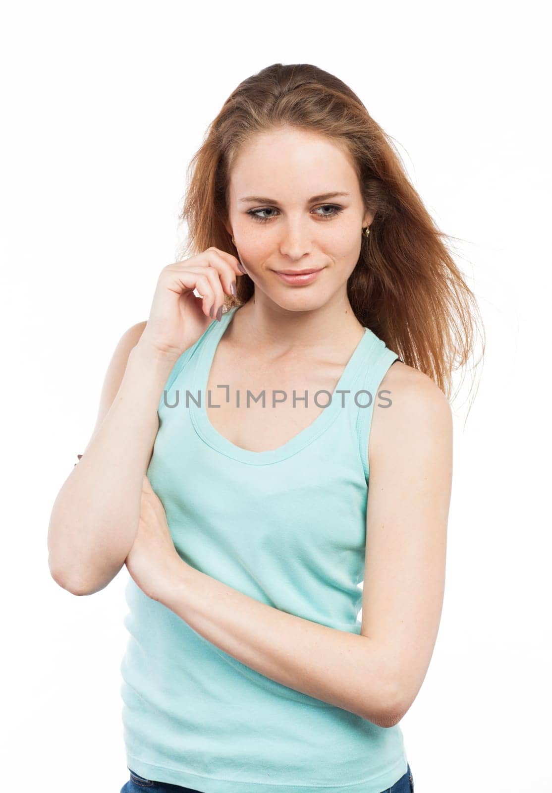 Portrait of a beautiful young woman looking down, isolated on white