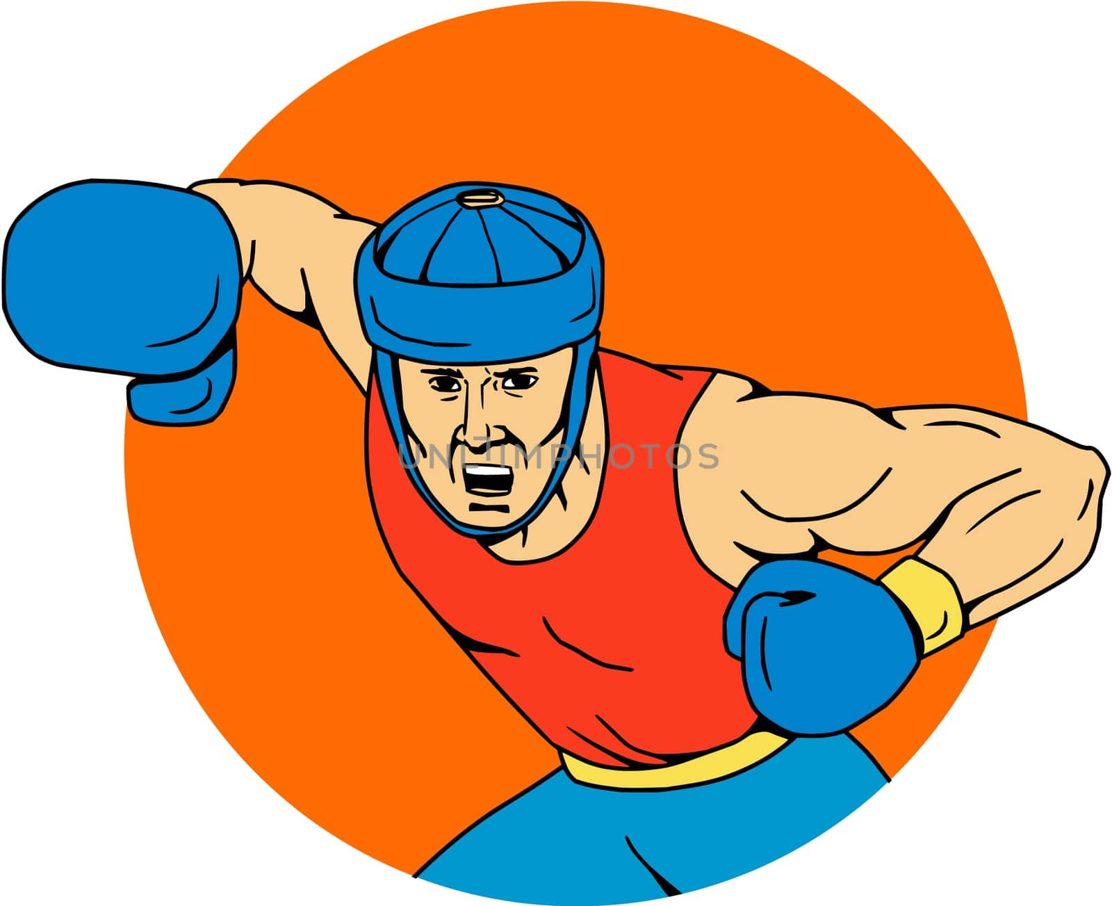 Drawing sketch style illustration of an amateur boxer wearing headgear hitting an overhead punch viewed from front set inside circle shape.