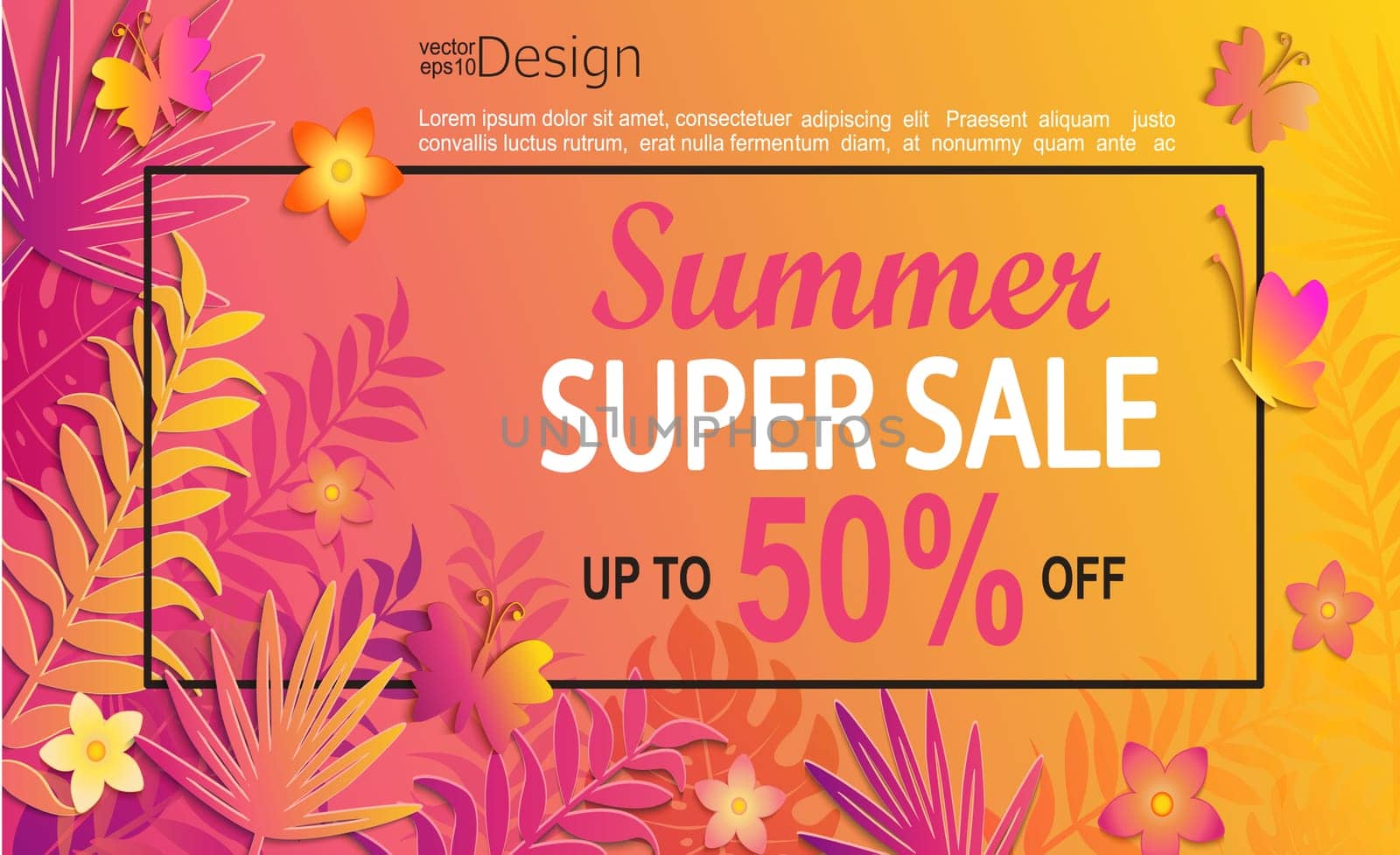 Summer super sale card with butterflies, flowers and tropical leaves. Vector illustration.