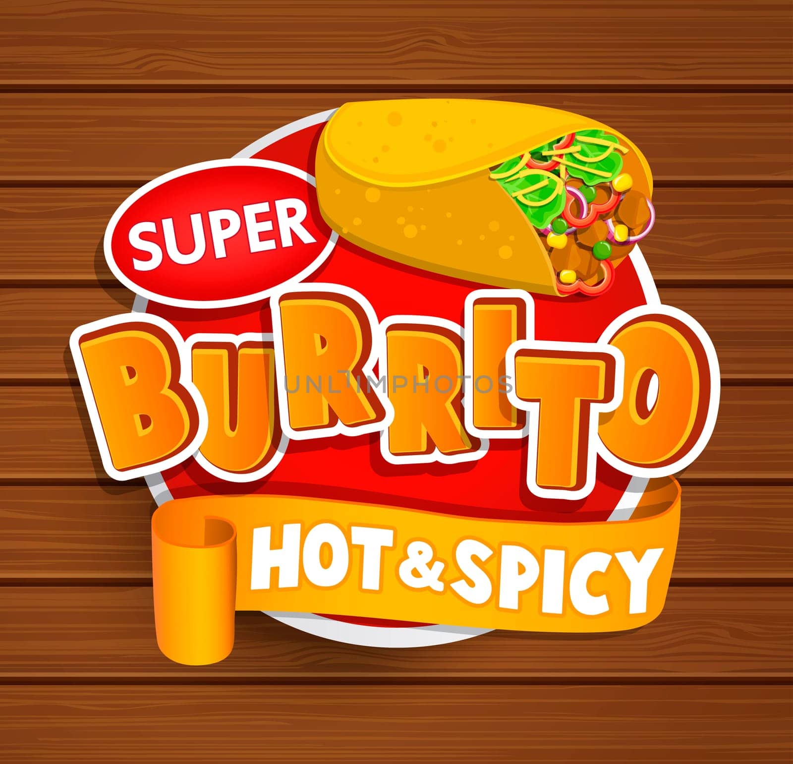 Burrito hot and spicy logo and food label or sticker. Concept of mexican food, natural product design for shops, markets.Vector illustration.