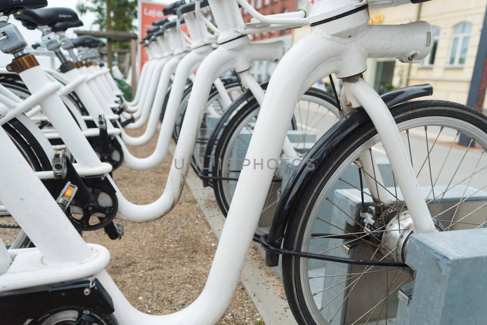 COPENHAGEN, DENMARK - JULY 31, 2016: Row of white rental Go-bikes, which can be hired per hour