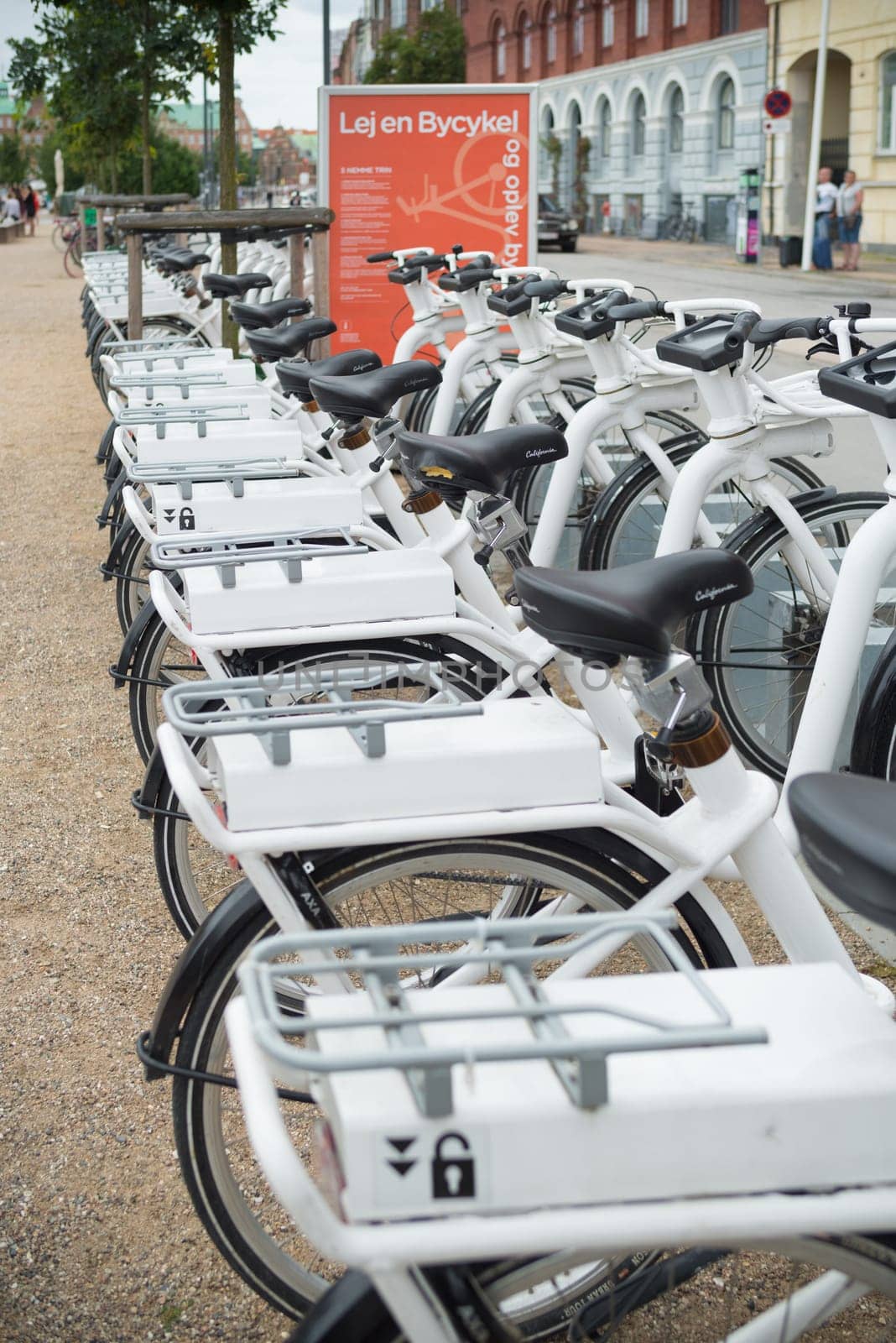 COPENHAGEN, DENMARK - JULY 31, 2016: Row of white rental Go-bikes, which can be hired per hour
