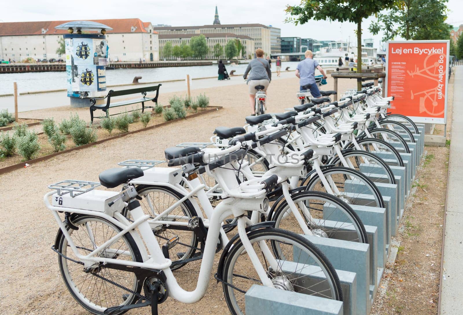COPENHAGEN, DENMARK - JULY 31, 2016: Row of white rental Go-bikes, which can be hired per hour