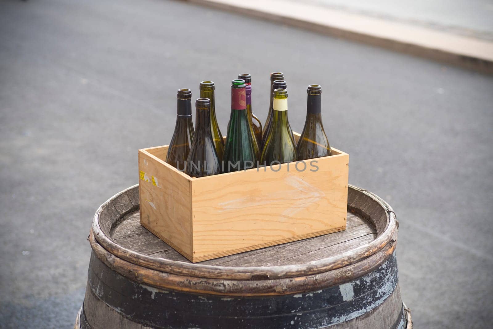 cardboard box with empty wine bottles