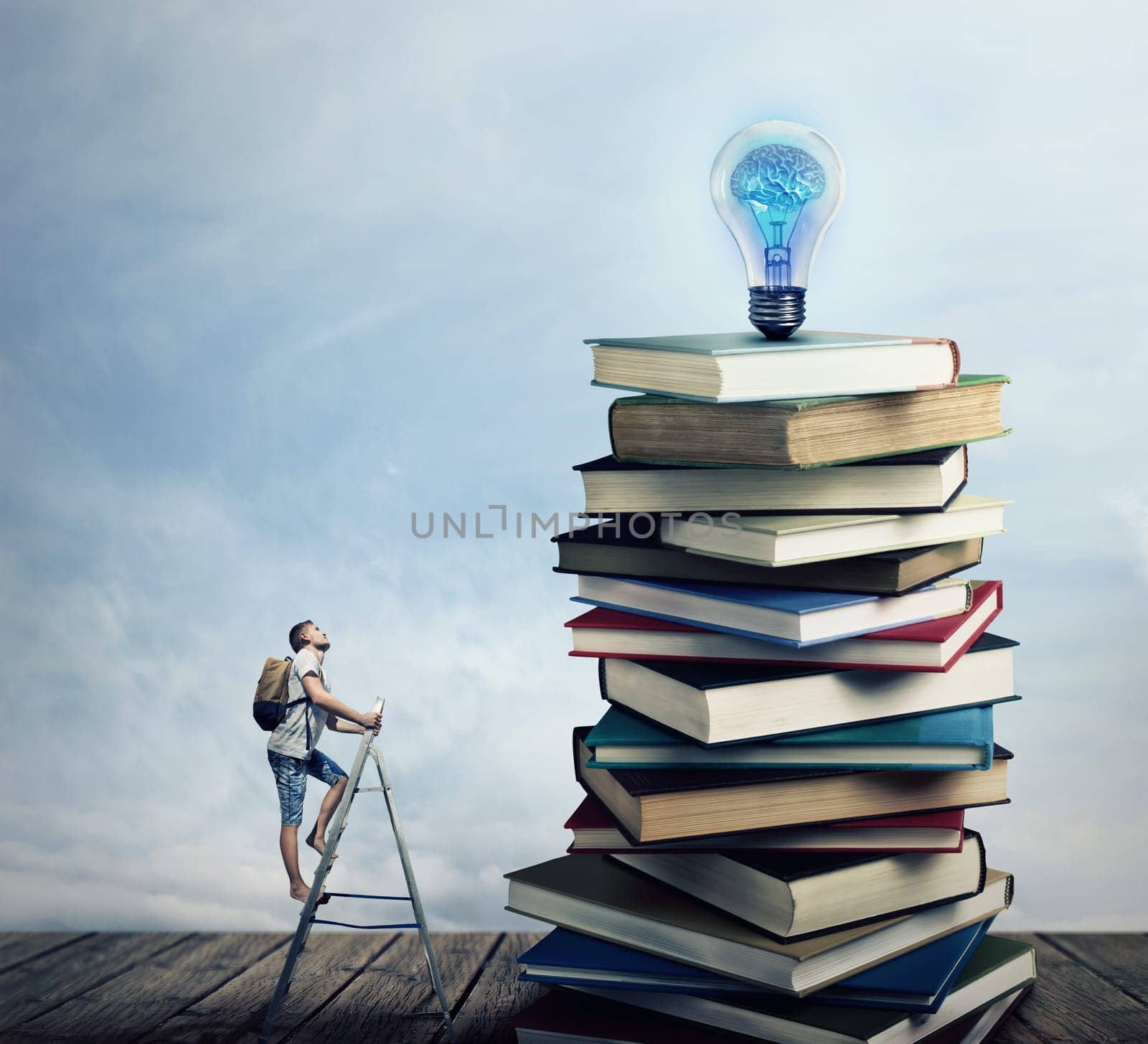 Young boy on the ladder, with a bag on his back, trying to climb a pile of books looking for a lightbulb. In search of knowlegde concept.