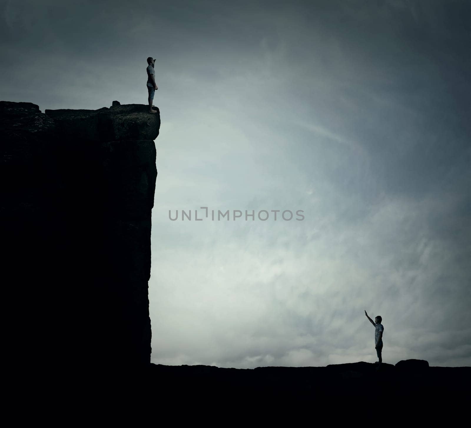 Conceptual image with two lost persons standing on a cliff at different hights, trying to find each other. Parallel world, alternate reality, multiverse fiction theory and relativity. Human life cycle, highs and lows.