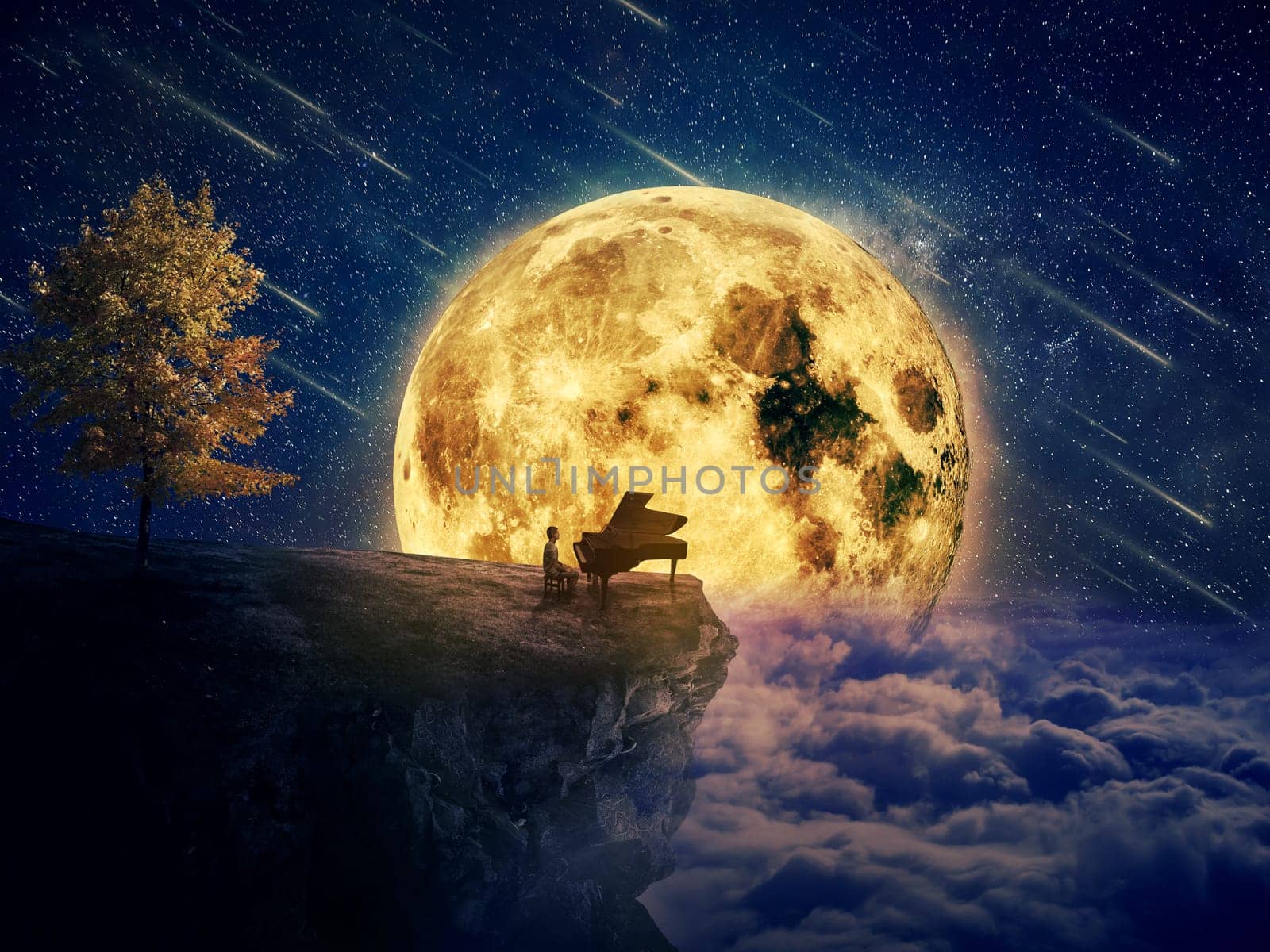 Night scene with a boy, musician standing at the edge of a cliff chasm with his piano. Waiting for music inspiration in the center of nature, over a full moon night background..
