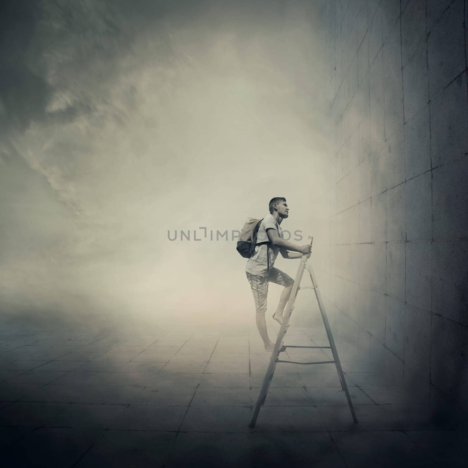 Abstract idea with a person climbing a ladder, in front of a concrete wall with no exit. Surrounded by limitations, daily routine.