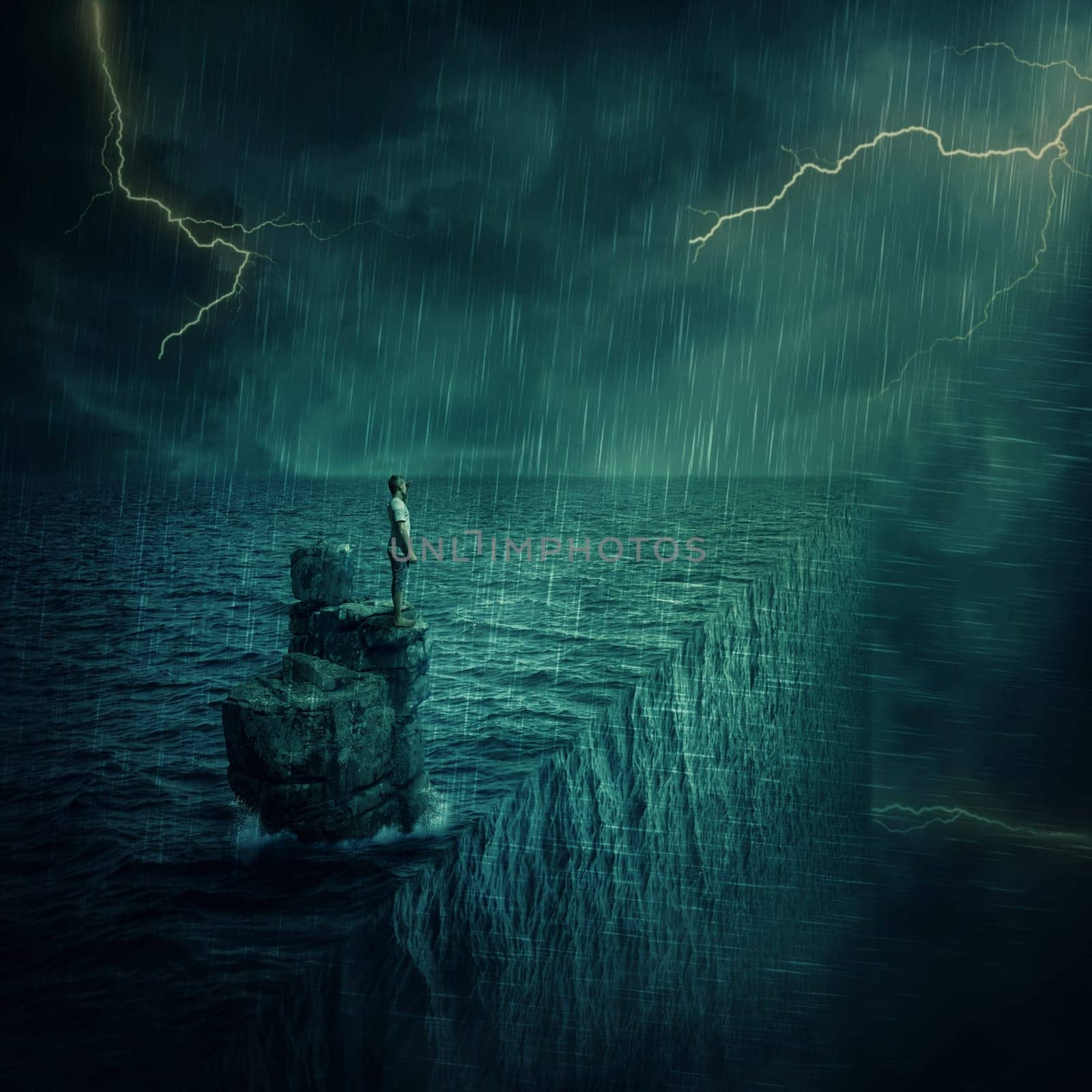 Lost man abandoned on a rock cliff island, in the middle of the ocean, in a stormy night. Adventure and journey concept at the edge of the world. Parallel universe, multiverse theory.