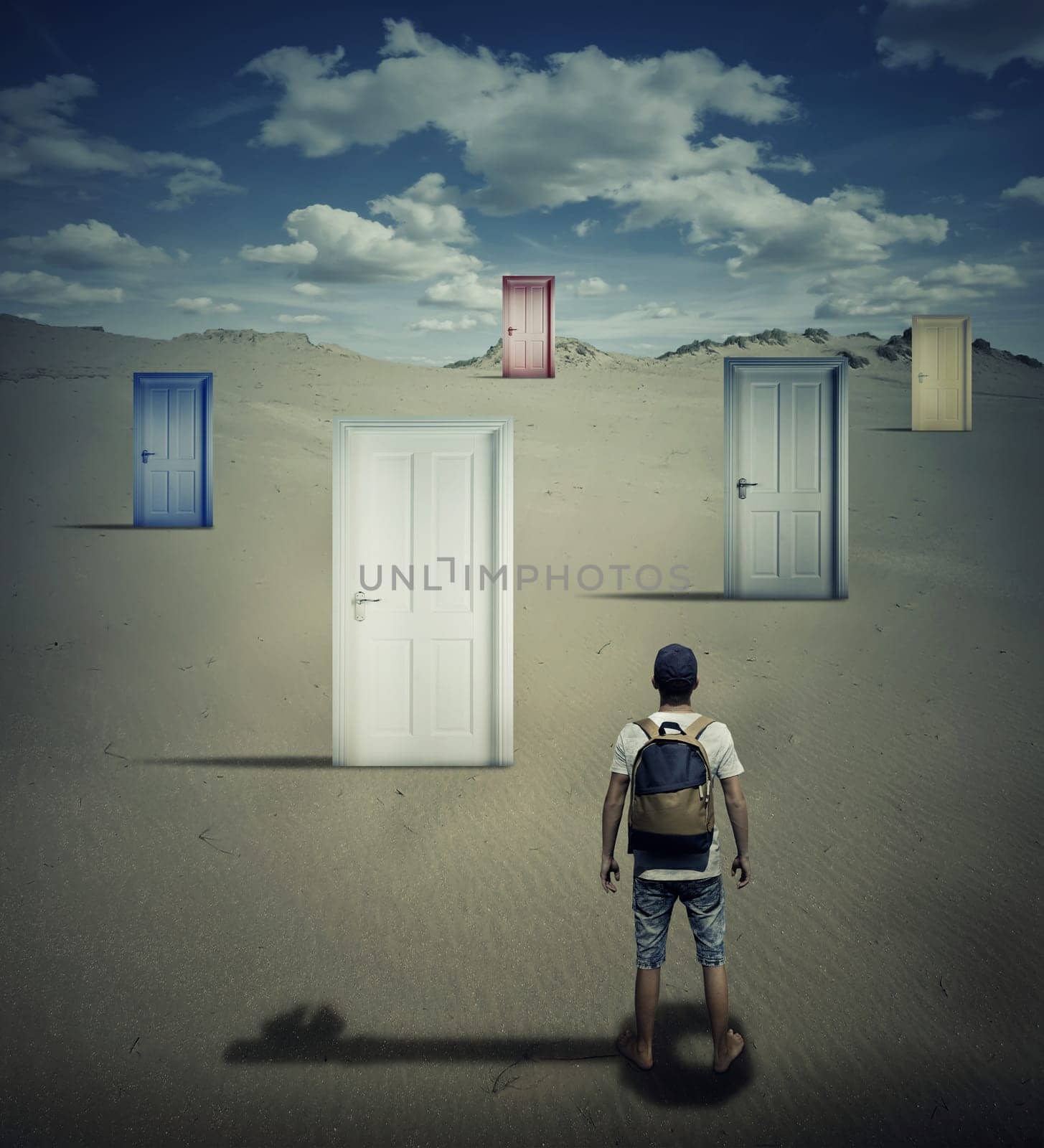 Conceptual image with a person standing in front of different closed doors, dropping a key shadow, choosing which one to open.