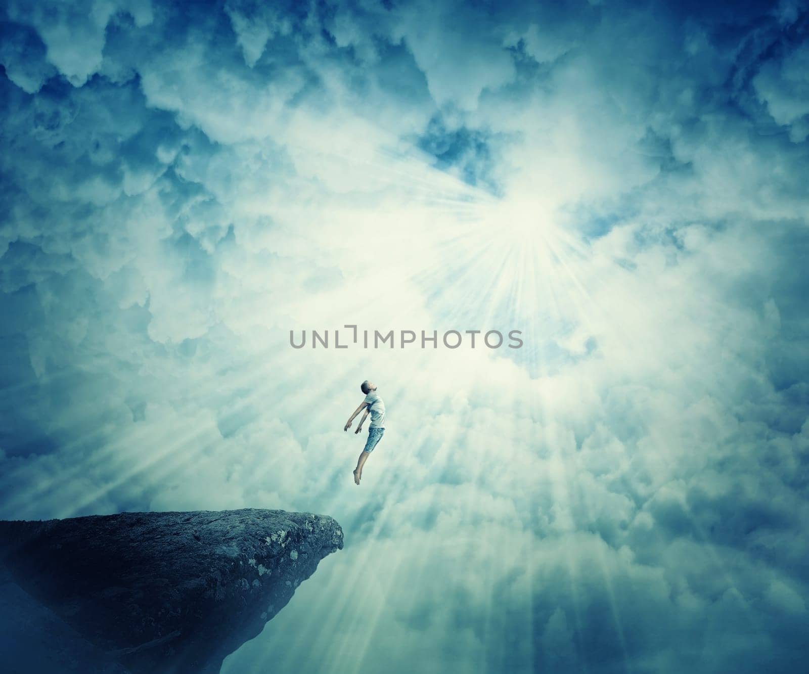 Young boy astral travel, mystical rapture state psychokinesis condition. Magic soul energy show human illusion. Mysterious place into the clouds