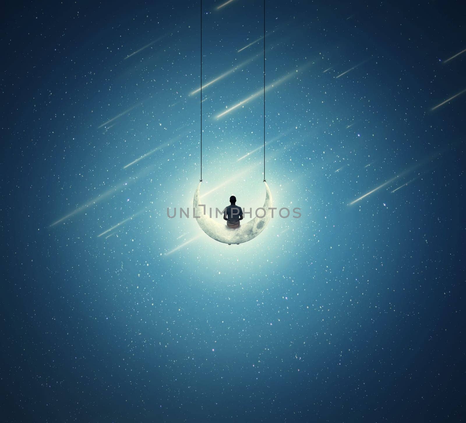 Surreal background with a lonely boy sitting on a crescent moon, as a swing, over a starry night sky