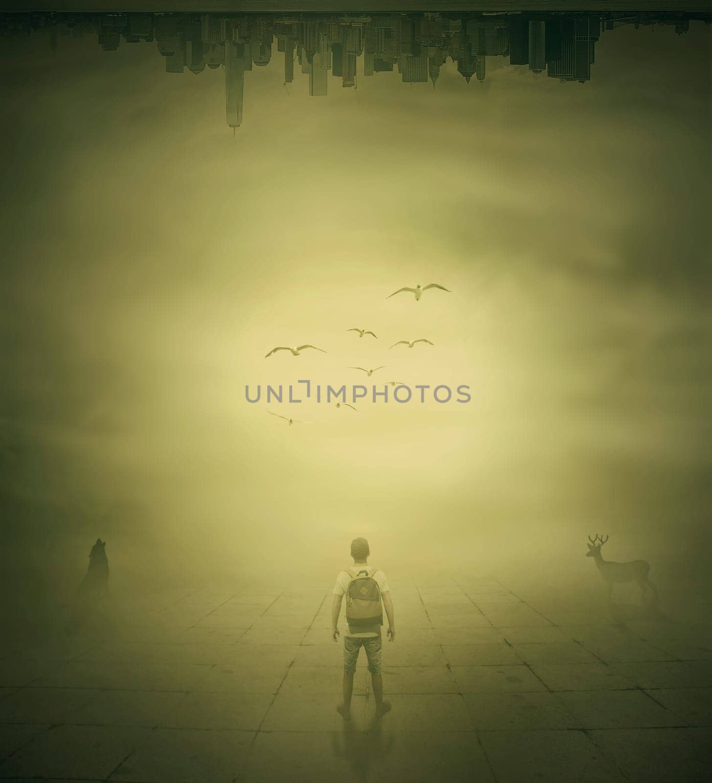 Surrealistic image with a man standing in a foggy street below a city buidings choosing the correct way