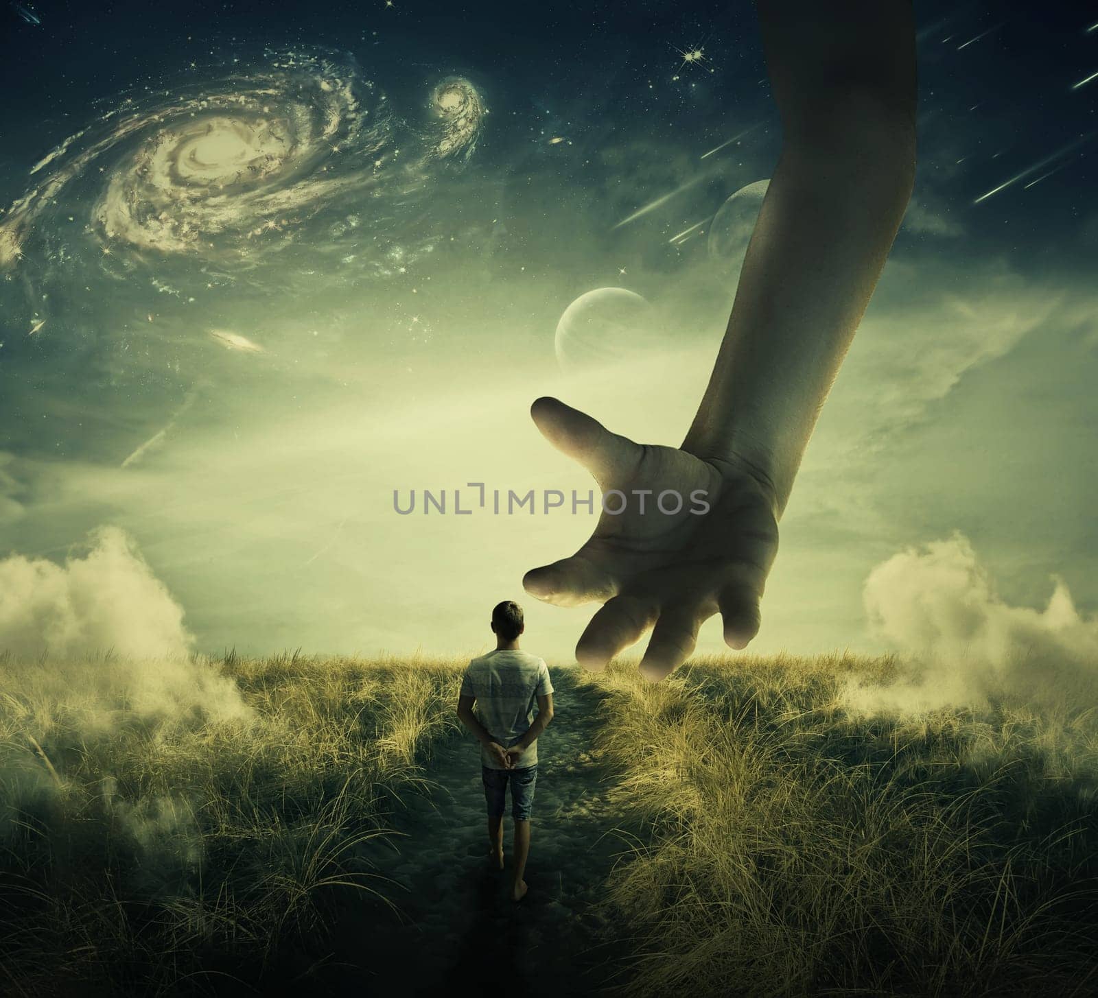 Wandering boy walks on a strange planet pathway, and a giant hand descend from the skies try to catch him. Prisoner capturation, manipulation concept and control as a marionette.
