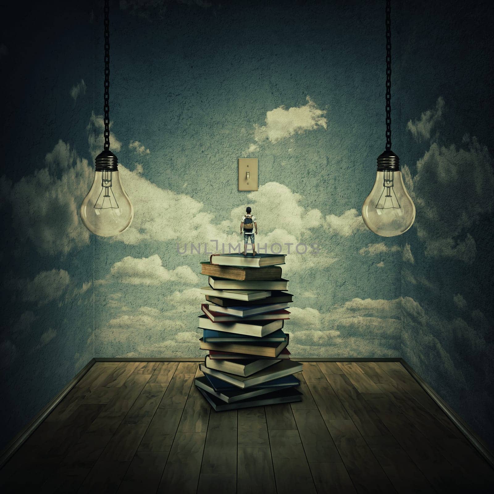 Idea concept with a boy standing on a pile of books trying to swich on the light bulbs, surrounded by concrete walls with clouds texture as thinking limitations. In search of knowlegde.