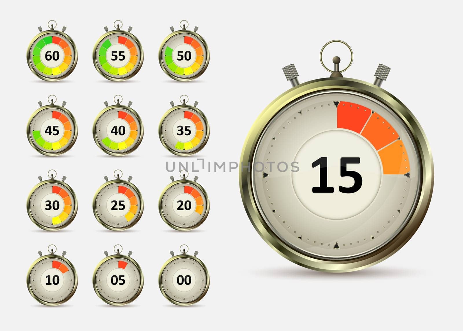 Golden digital timers countdown. Realistic chronometer with different times, vector illustration isolated on white background. Time management symbol.