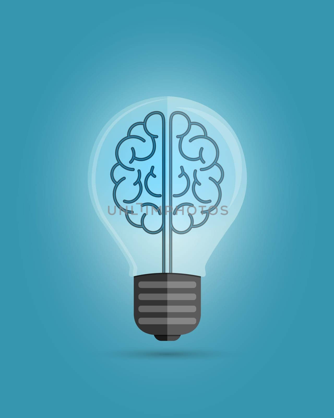 Light bulb with a brain inside, creating ideas, creative thinking concept. Vector illustration over blue background.
