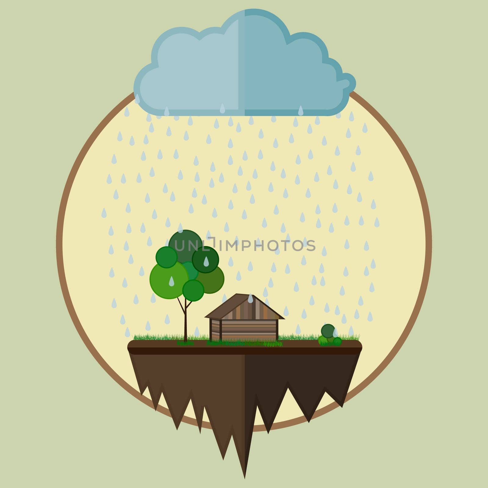 Flying island with a house and tree as farm oasis below a cloud with falling rain drops. Vector illustration, environmental concept.