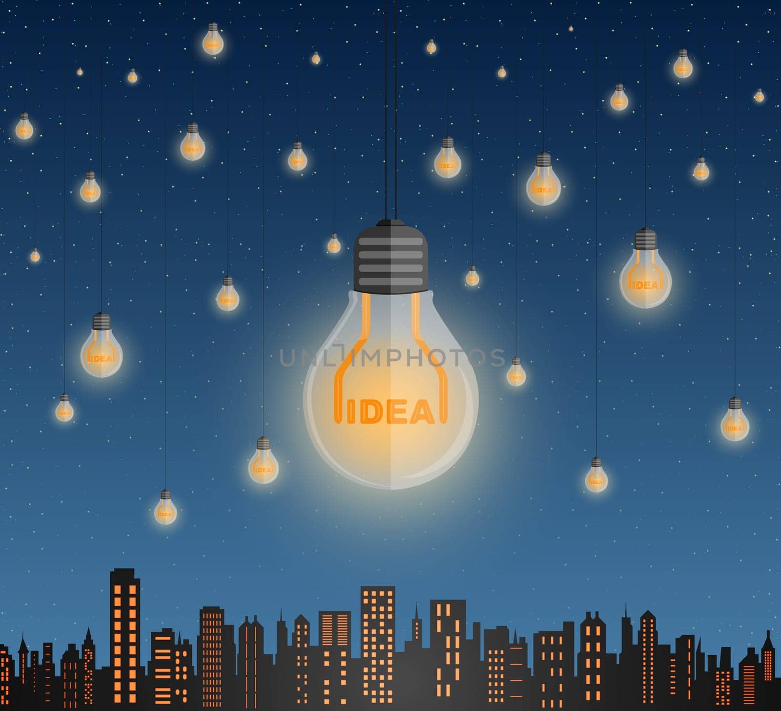 Surreal vector illustration as a lot light bulbs with idea text inside shine over the megapolis like million of stars. Alternative energy concept.