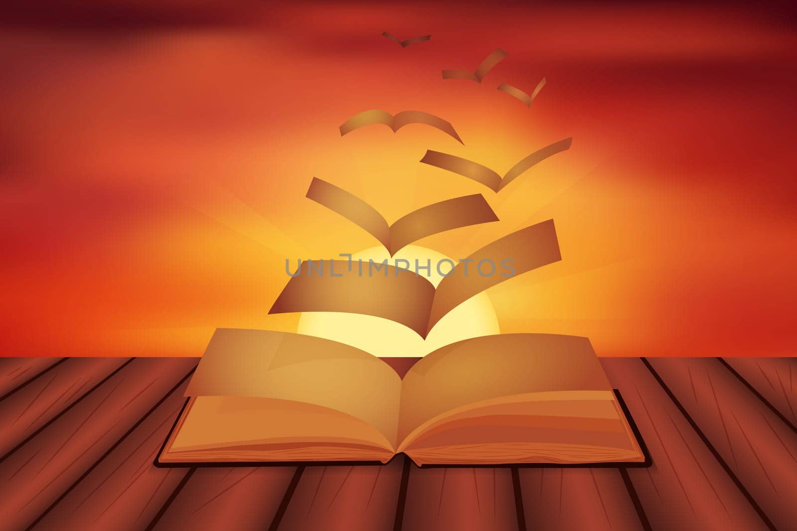 Vector illustration as pages flying out of a book and transform into magic birds, escape on a sunset background. Learning and education concept.