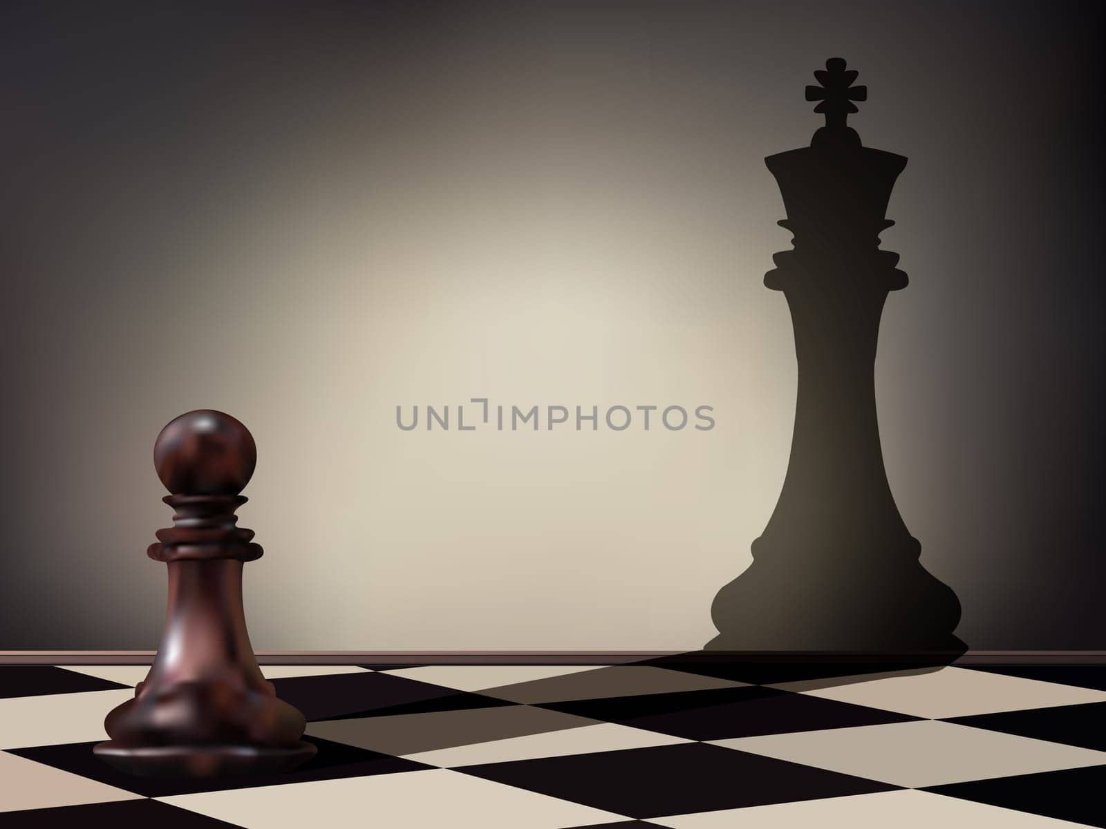 Vector illustration as a pawn chess piece casting a king figure shadow on the wall. Business aspirations and leadership concept. Magical transformation.