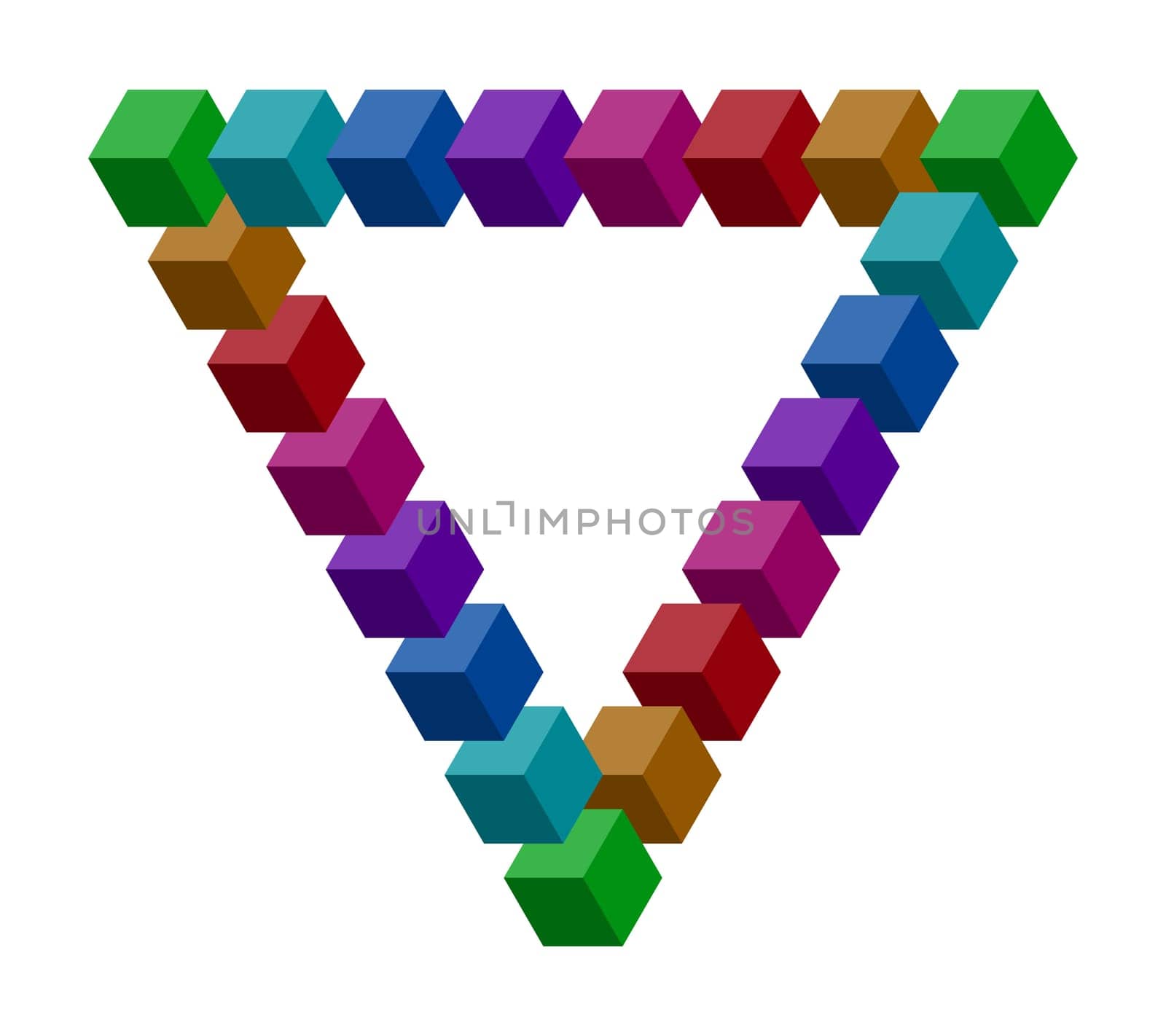 Penrose triangle constructed of a lot of colorful vector blocks. Isometric cubes for impossible 3d designing. Mathematical object with mental trick. Optical illusion of brain.