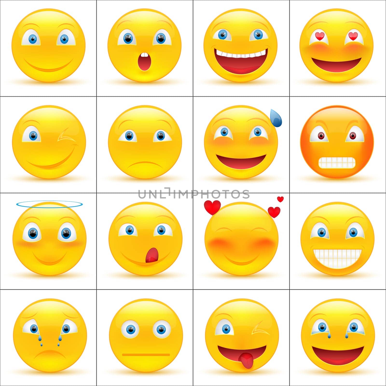 Set of emoticons, smiley faces icons or yellow emoji with different facial expressions in glossy 3D realistic, isolated on white background. Vector illustration.