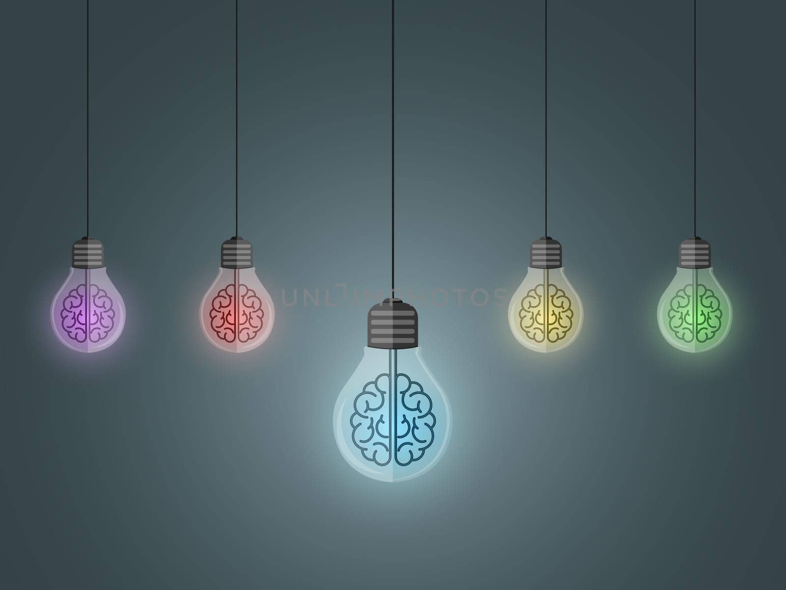 Row of hanging, creative colored, light bulbs with brain inside glowing. Business idea concept. Vector illustration.