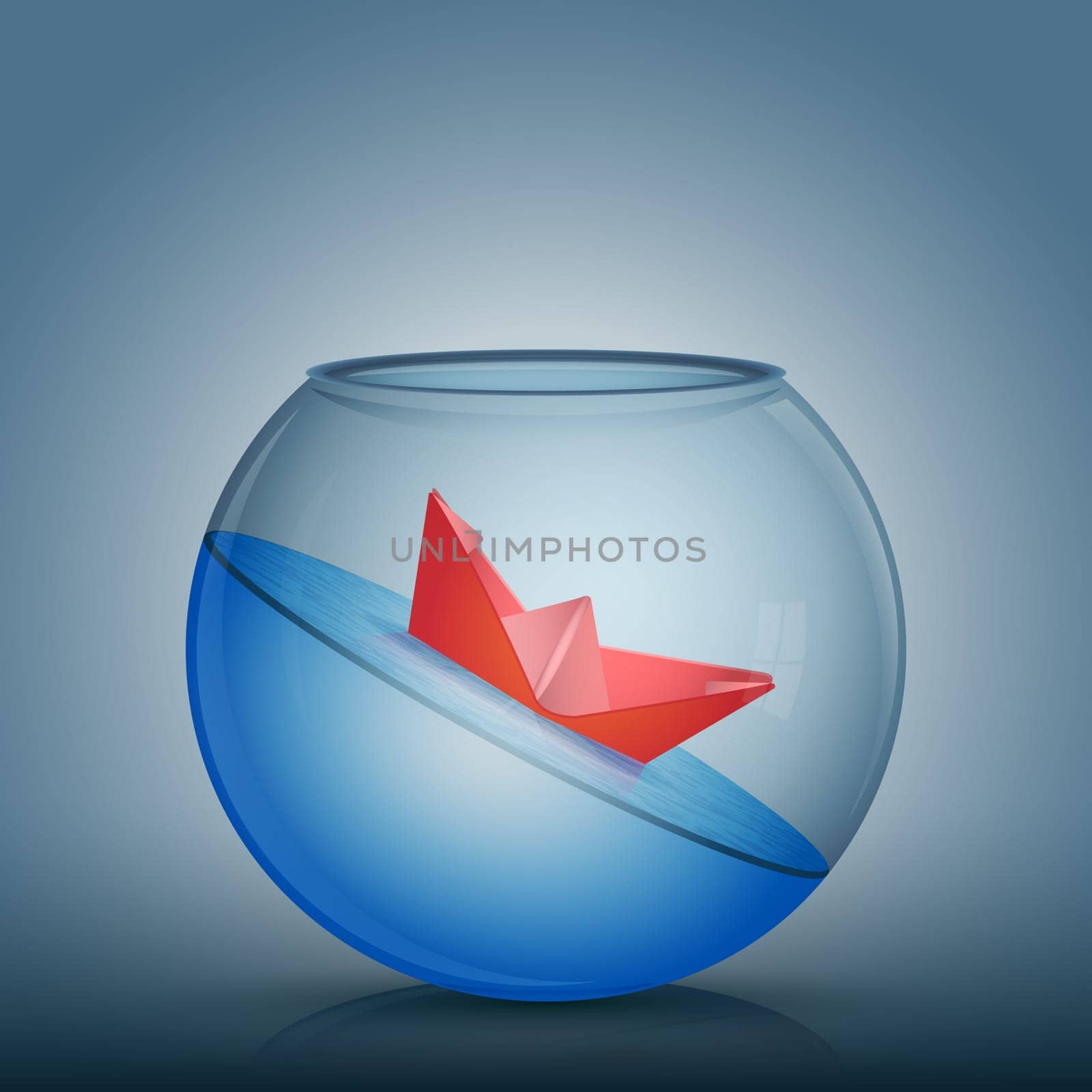 Abstract idea as a red paper origami boat float in a glass bowl with water. Surrounded by the fish tank limitation, nowhere to go. Vector conceptual illustration.
