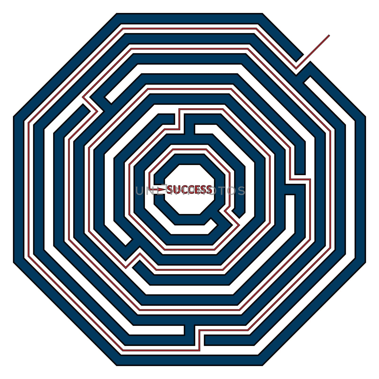 Vector illustration of a octagon maze with the solution as a red line to success. Labyrinth isolated on white background.