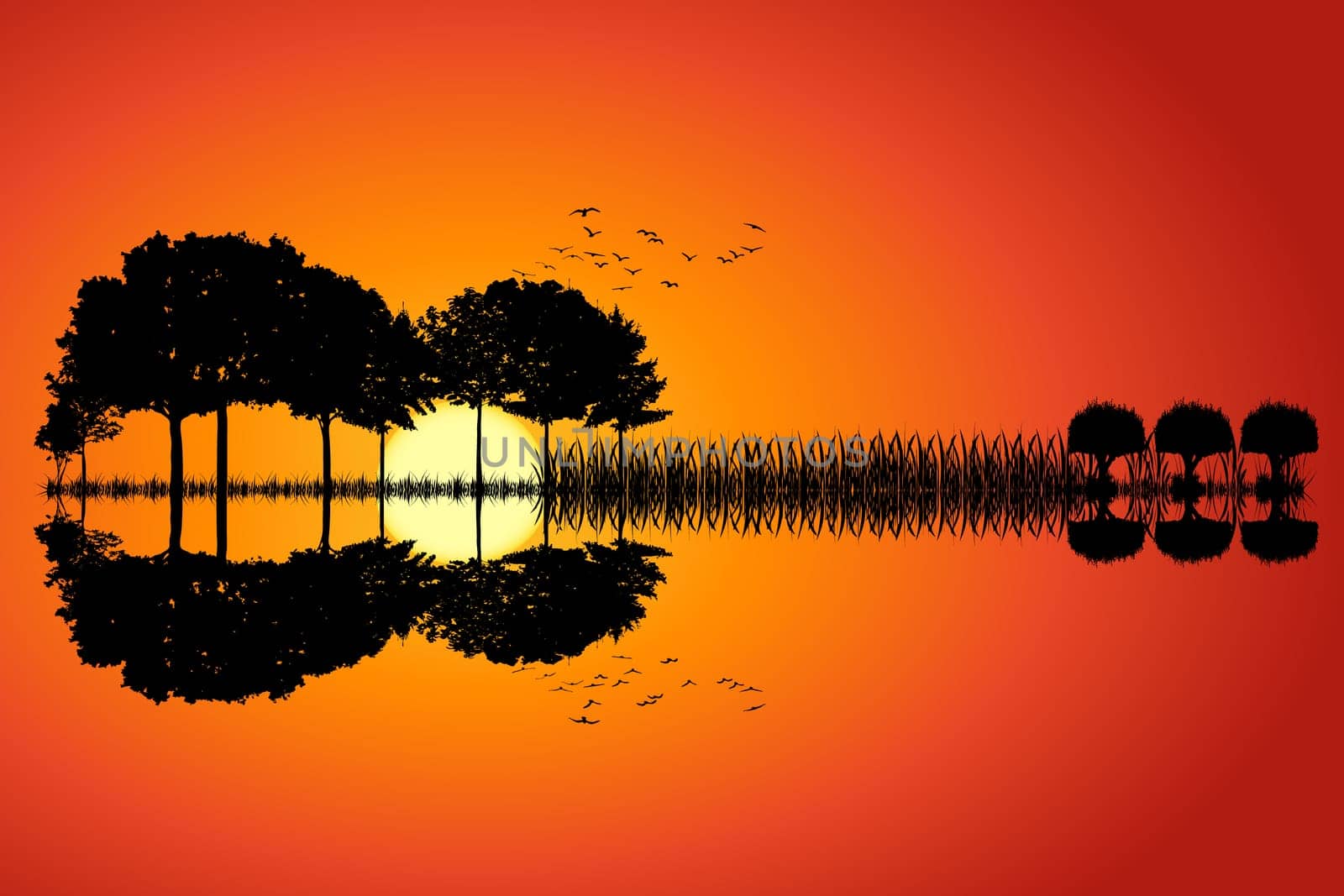 Trees arranged in a shape of a guitar on a sunset background. Music island with a guitar reflection in water. Vector illustration design.