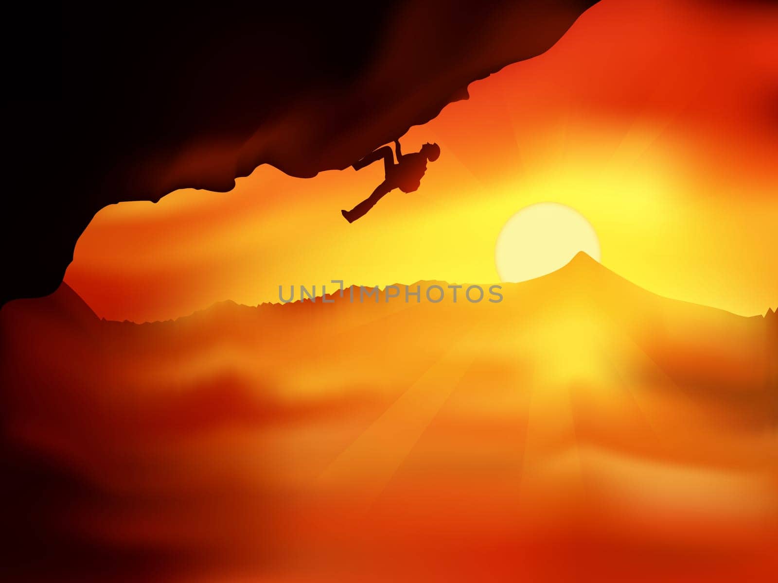 Silhouette of climber without insurance going up on a cliff against beautiful orange sunset above the clouds. Vector illustration, concept of motion motivation inspiration