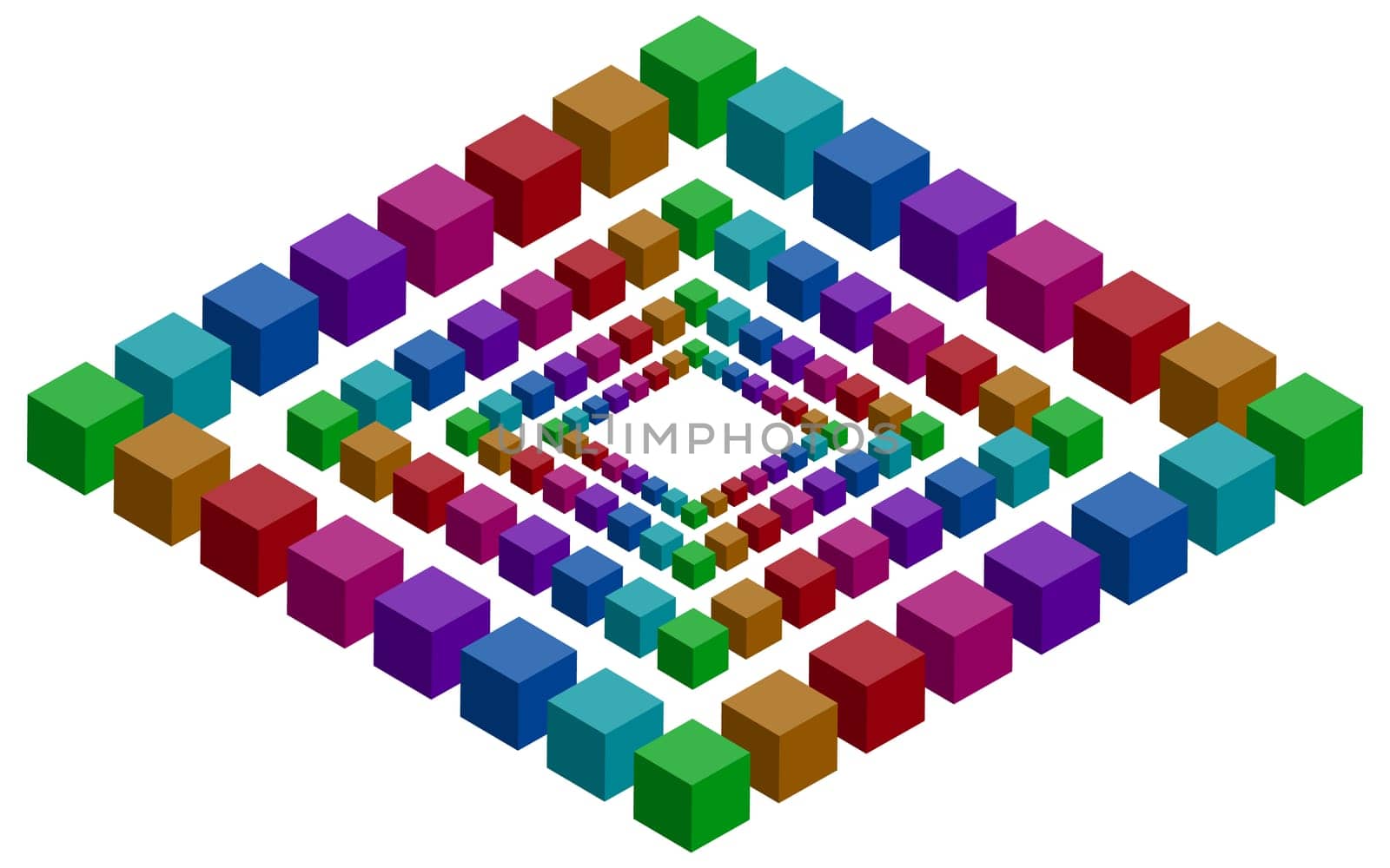 Rhombs constructed of a lot of colorful vector blocks. Isometric cubes for impossible 3d designing. Mathematical object with mental trick. Penrose optical illusion of brain.