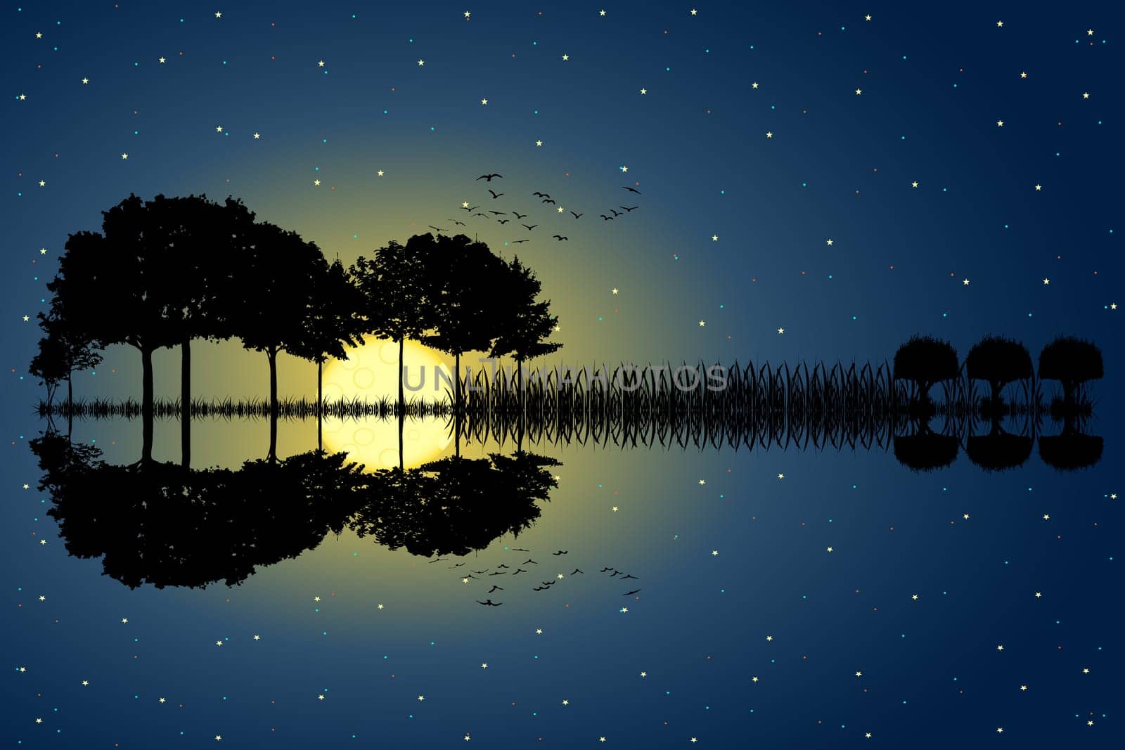 Trees arranged in a shape of a guitar on a starry sky background in a full moon night. Music island with a guitar reflection in water. Vector illustration design