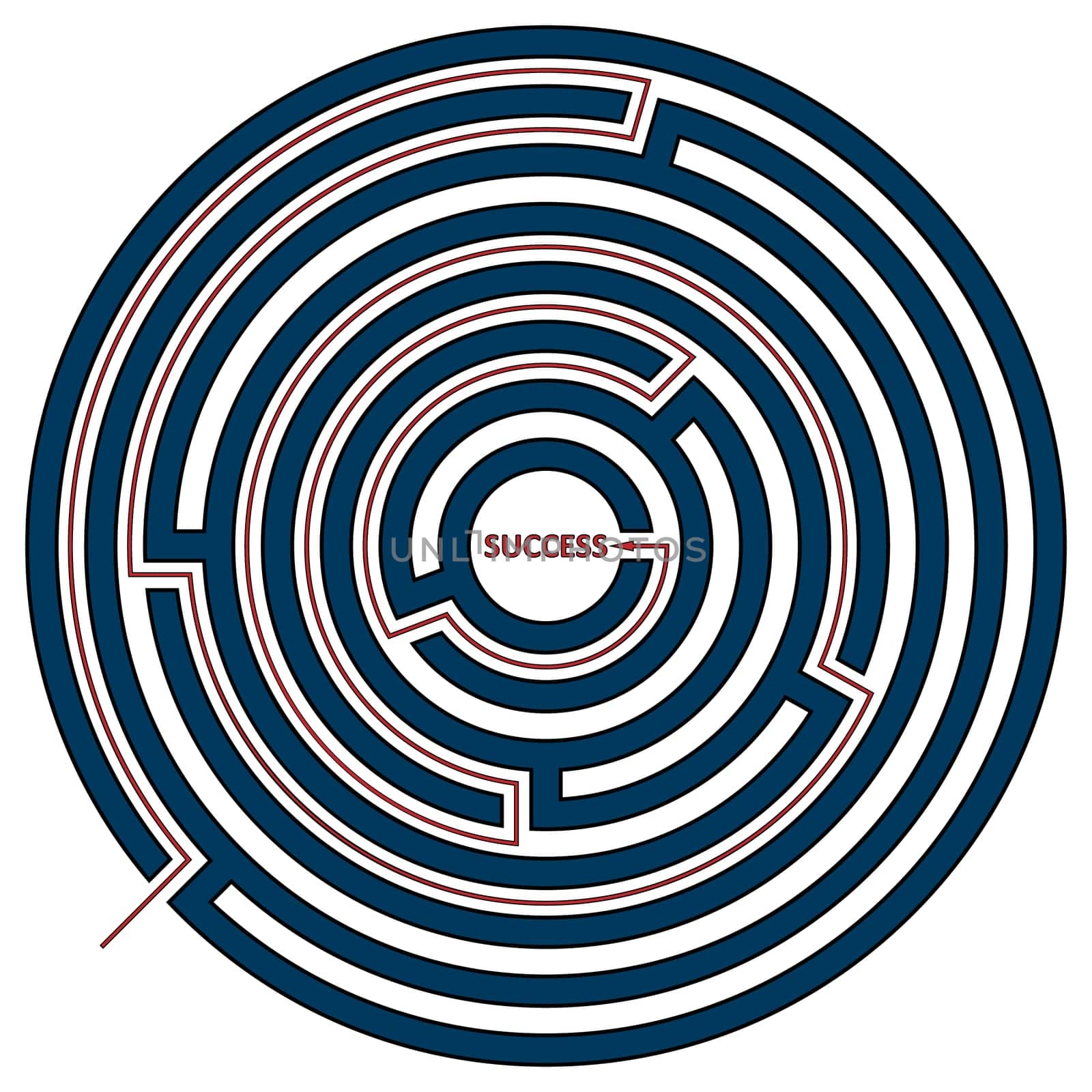 Vector illustration of round maze with the solution as a red line to success. Circle labyrinth isolated on white background.