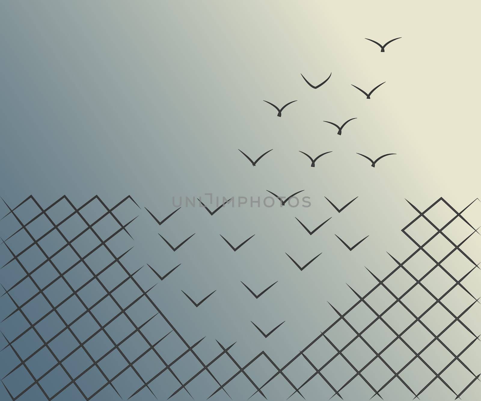 Vector illustrations of a wire mesh fence transforming into birds flying away. Freedom, courage and success concept.