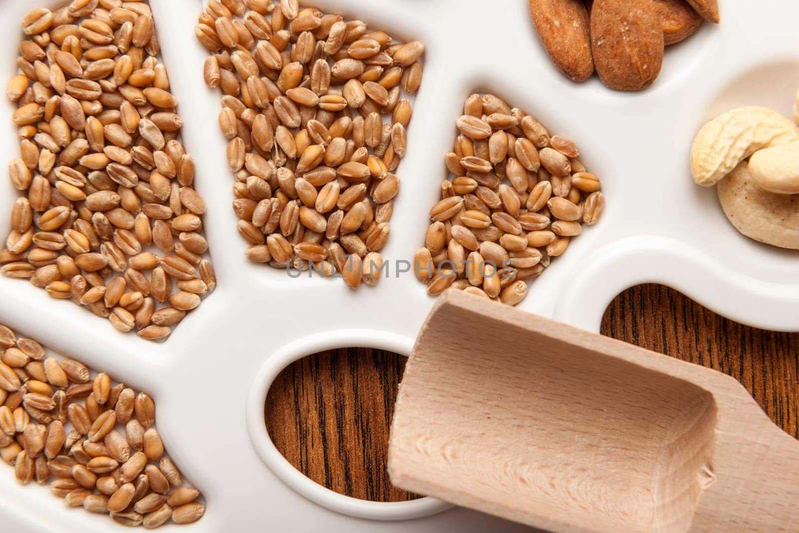 Grains on white painter's pallet with wooden spoon.
