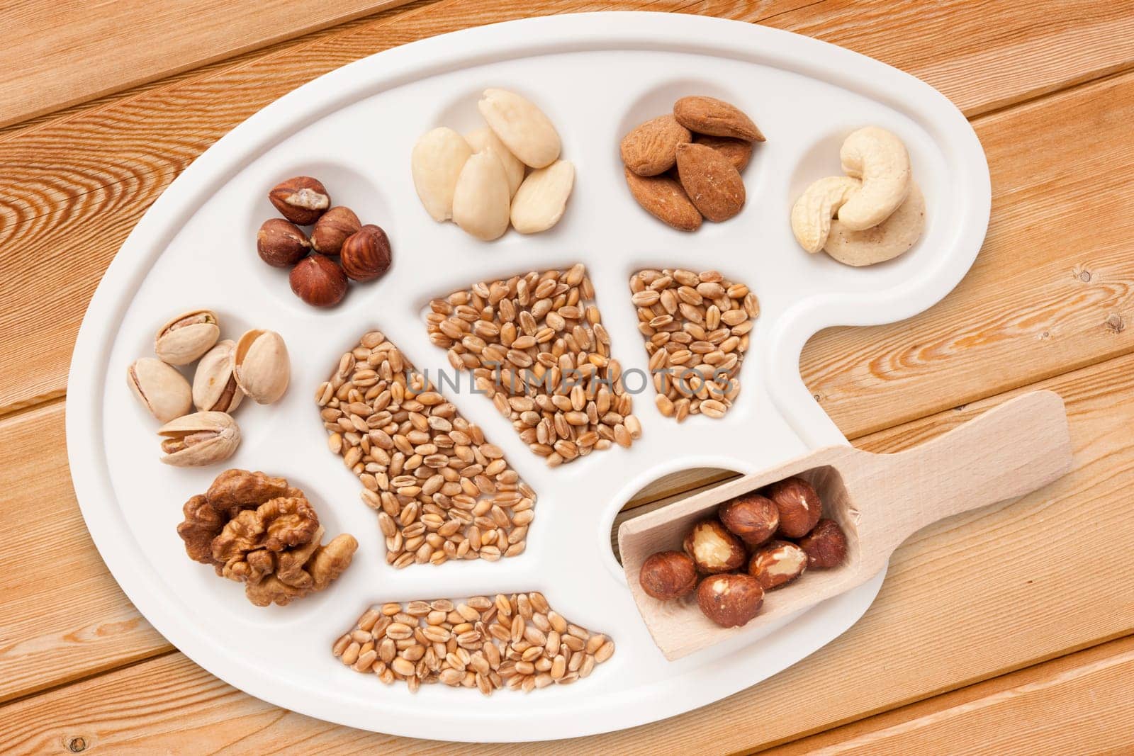 Various nuts,almonds and grains on white painter's pallet exposed on sloping spruce boards.