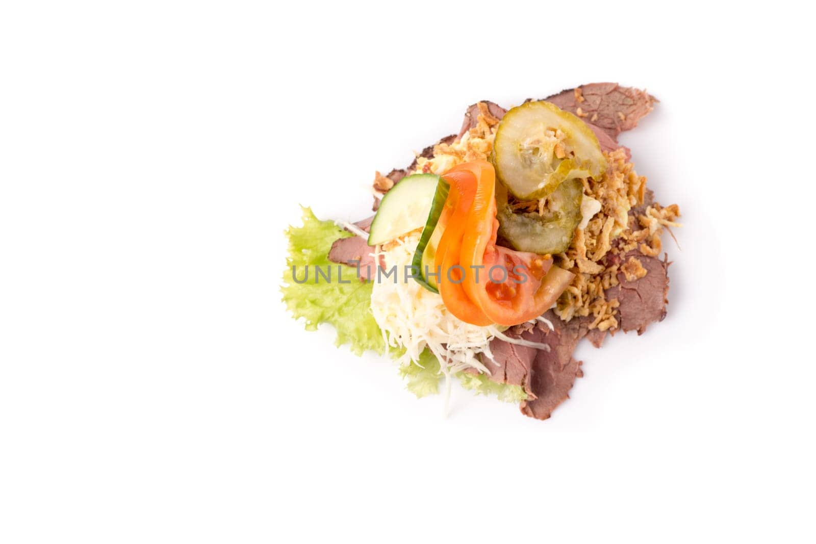 Danish specialties and national dishes, high-quality open sandwich, isolated on white background