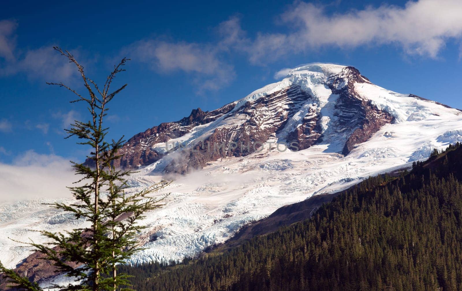 Thick Glaciers slide down Mout Baker in the North Cascade Mountains