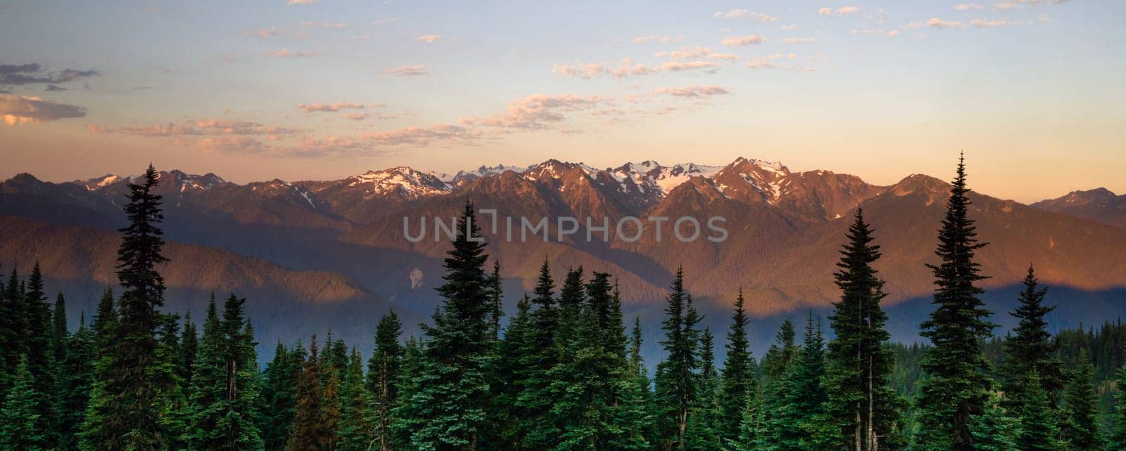 Long shadows at sunset add drama to the Olympic Mountains and Hurricane Ridge