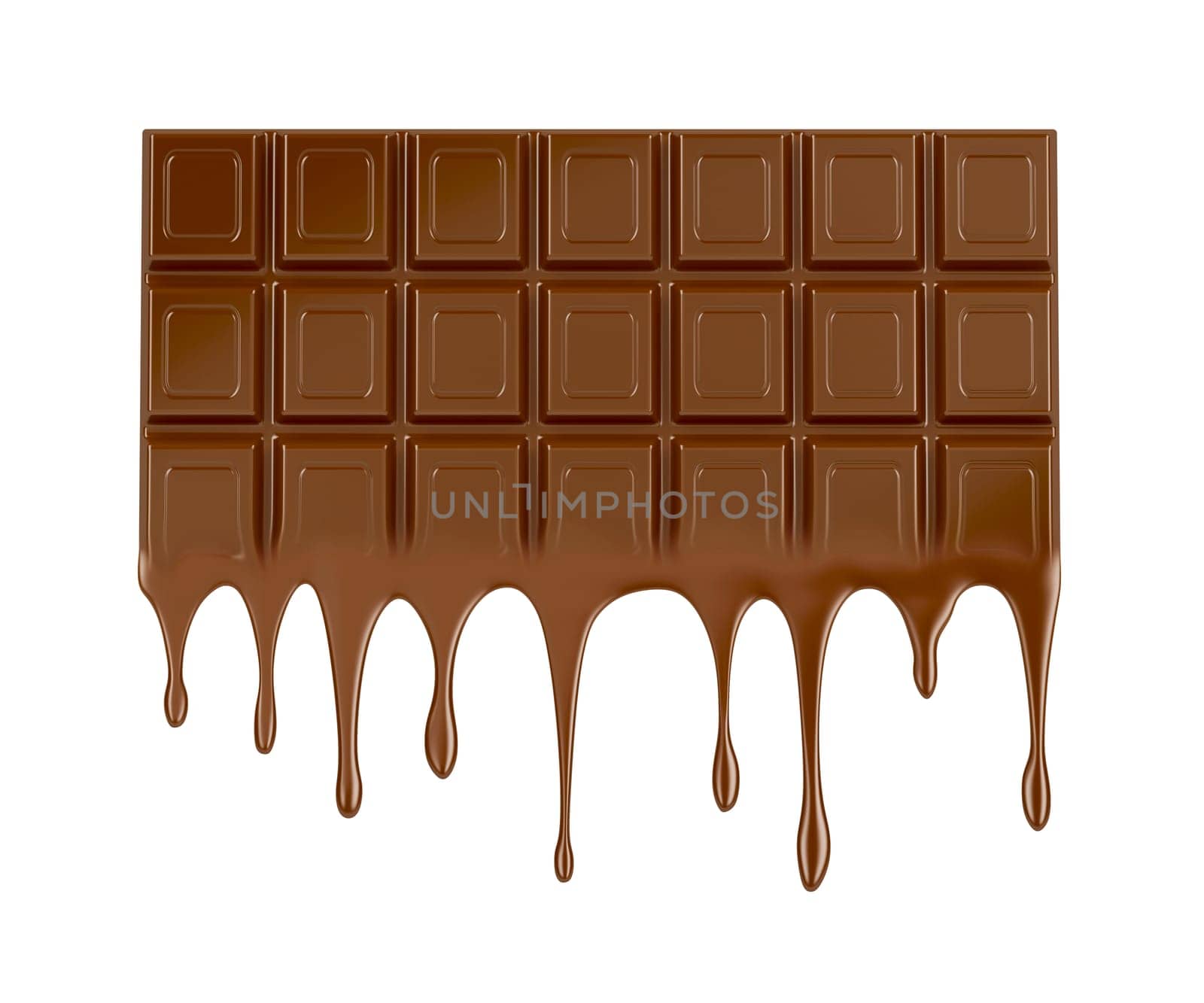 Melted chocolate bar on white background