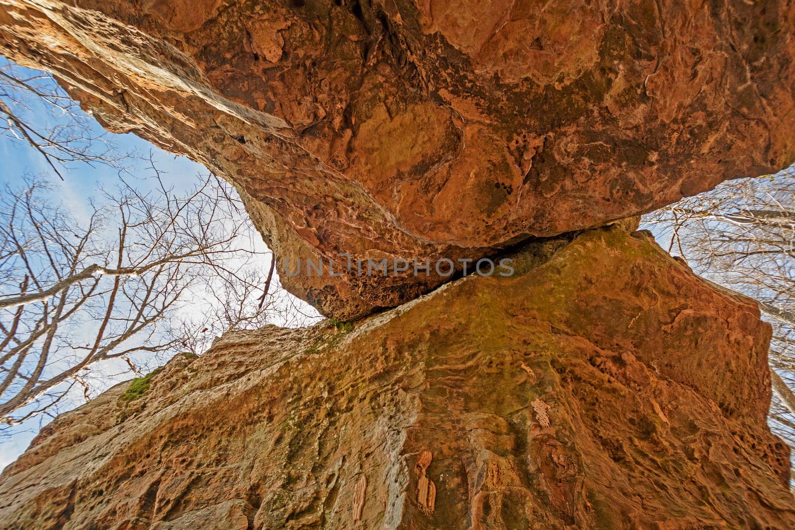 Looking up into a Natural Bridge in the Pedestal Rocks Scenic area in Ozark National Forest in Arkansas