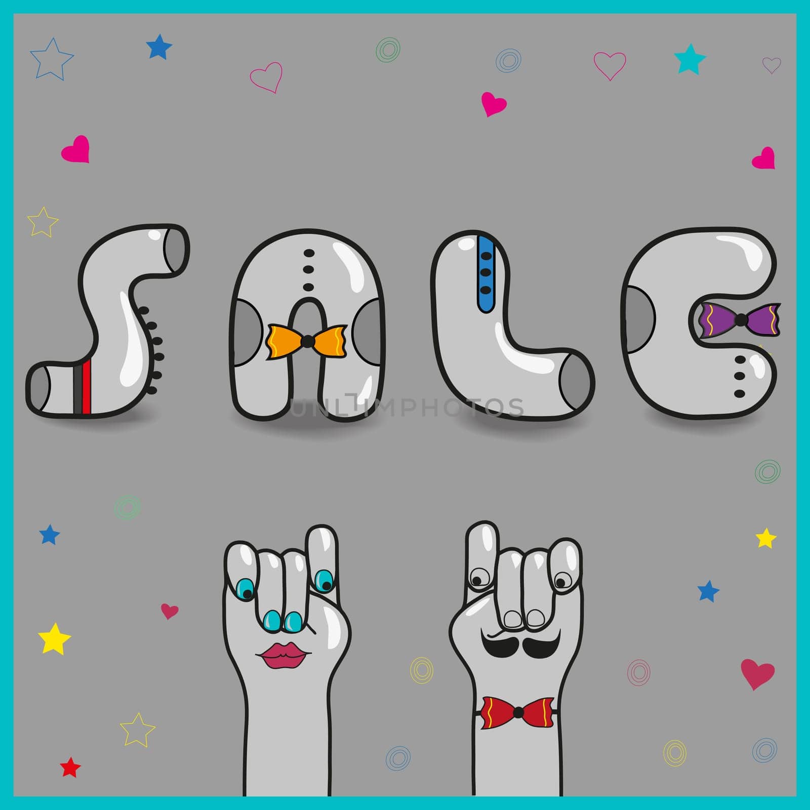 Inscription sale with hipster style. Artistic font. Vintage gray letters with ties. Cartoon hands looking at each other. Colorful stars and hearts. Illustration