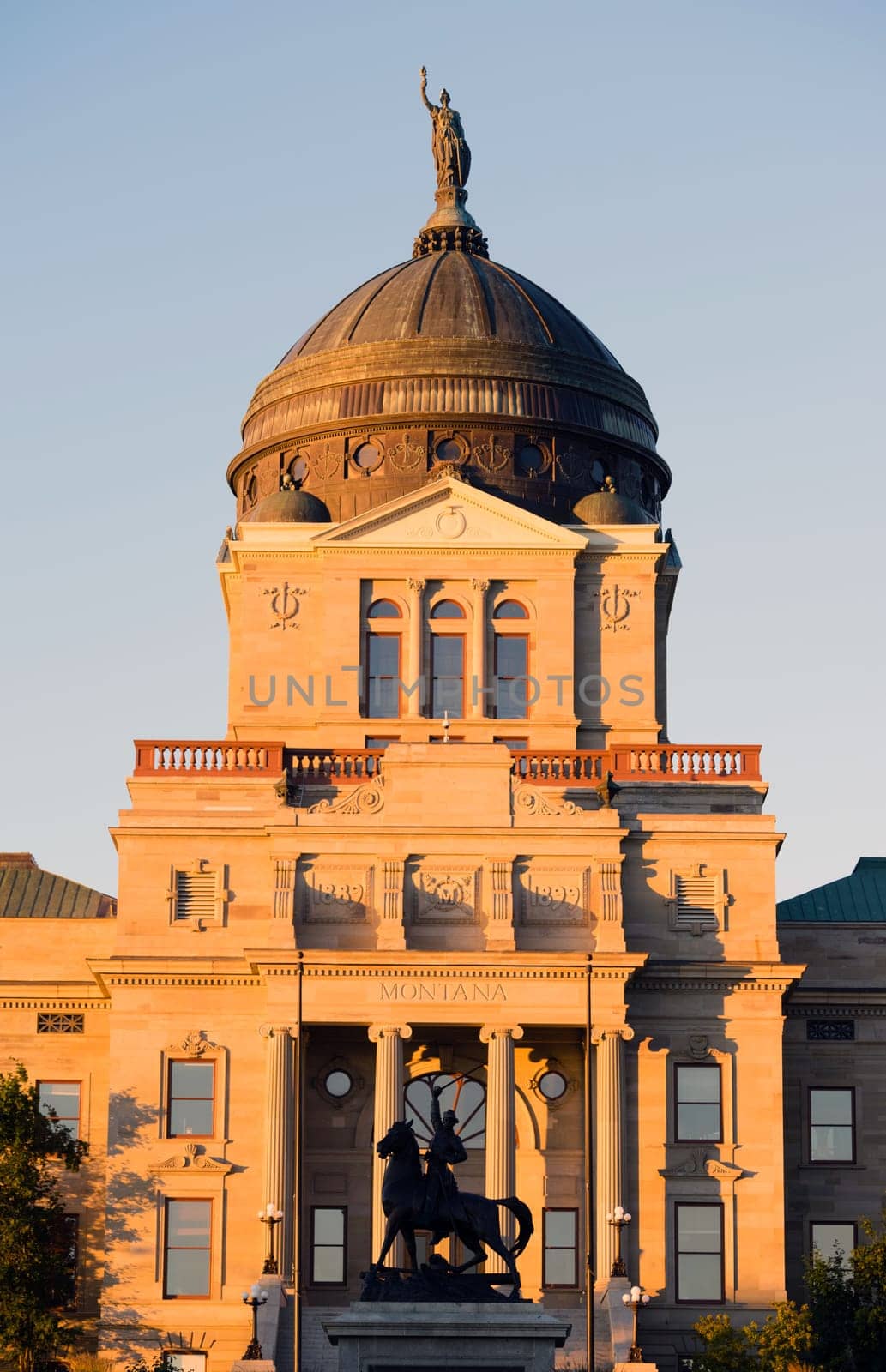 The sun hits the capital building in Helena just after sunrise