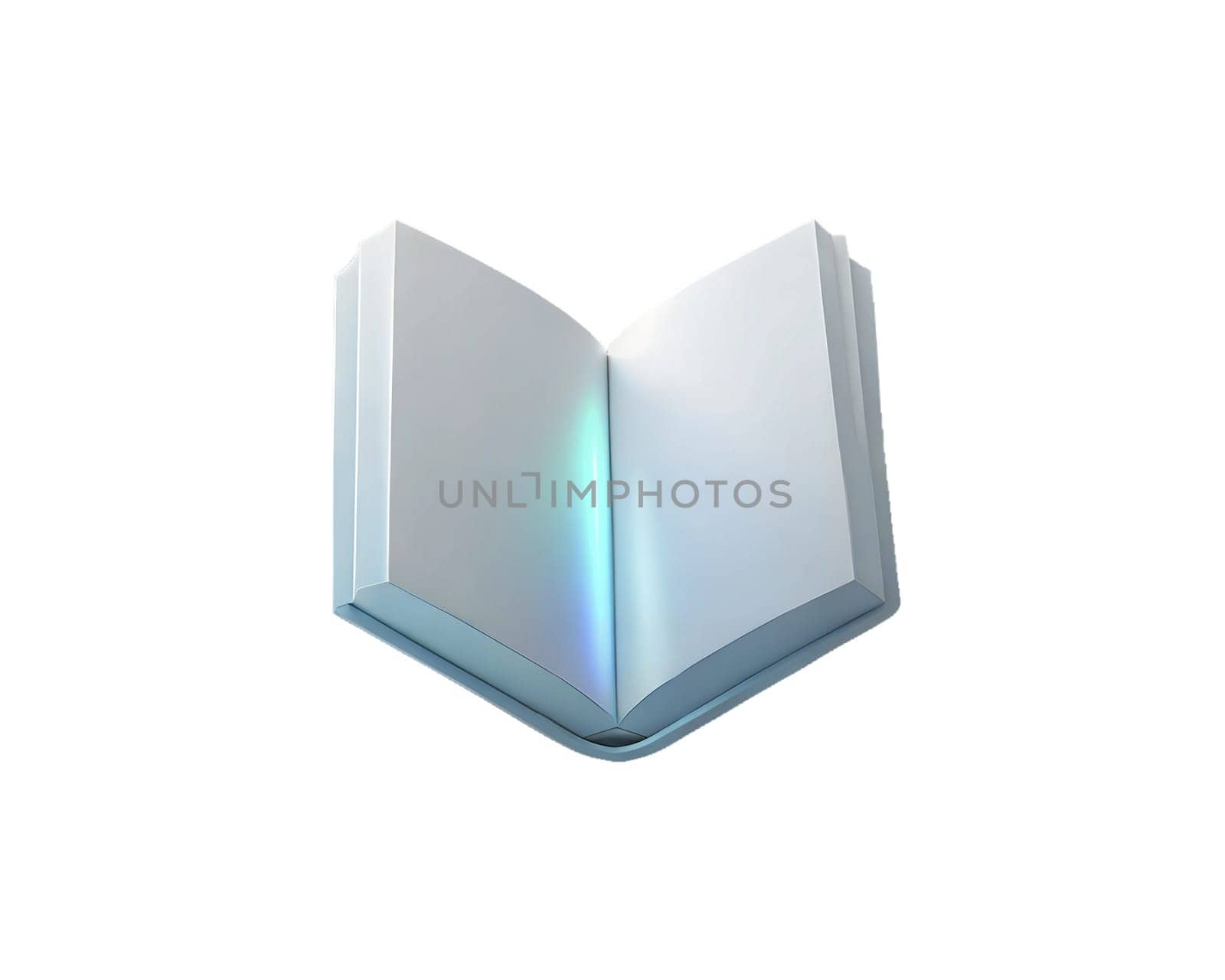 A 3D holographic icon of an open book, isolated on white background, symbolizing knowledge, education, reading, and creativity with a futuristic touch.