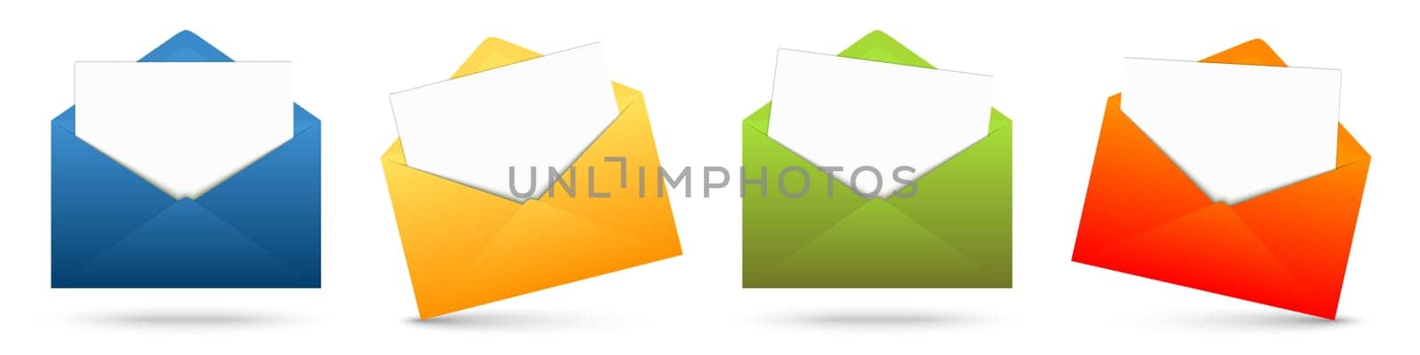 four colored envelopes in a row with white papers
