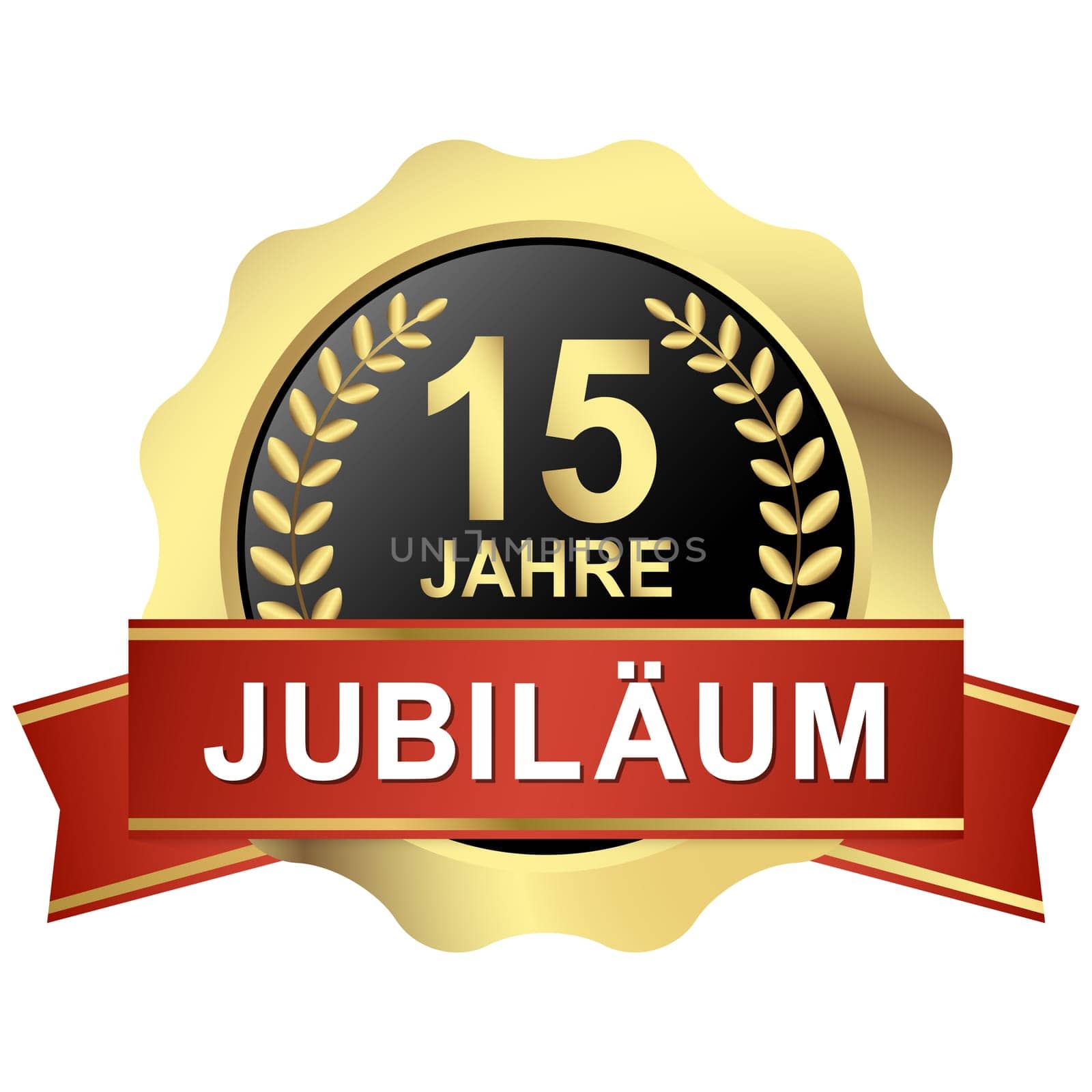 gold button with red banner for 15 years jubilee (text in english)