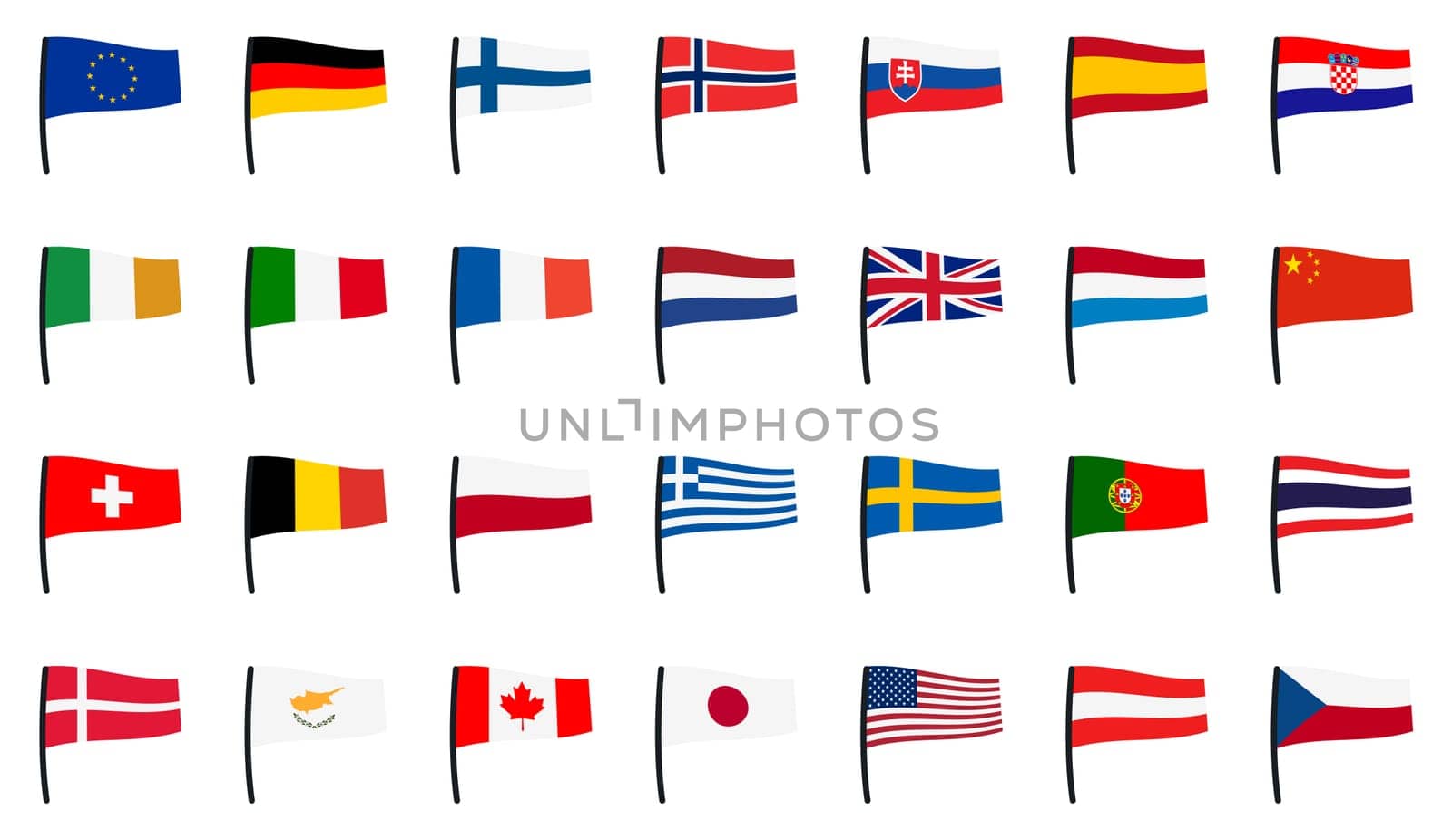 collection of flags of the european union,usa,canada,switzerland,japan and thailand